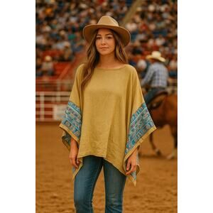Bohemian Mustard Poncho with embroider Patterned Sleeves one size boho bohemian
